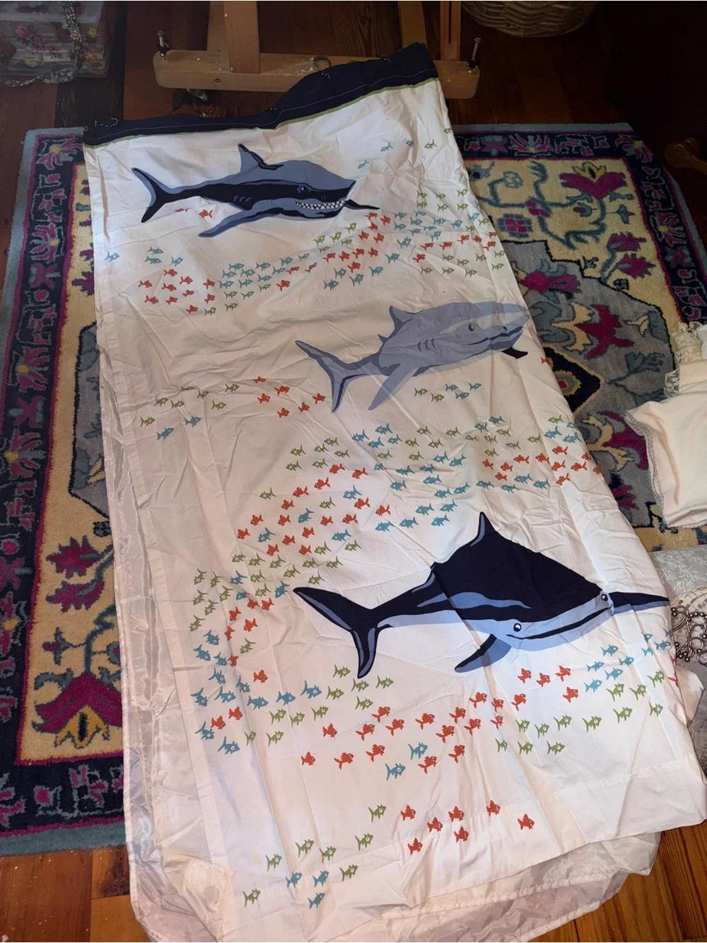Pottery Barn Kids Blue Shark Shower Curtain with Multicolor Fish liner hooks set